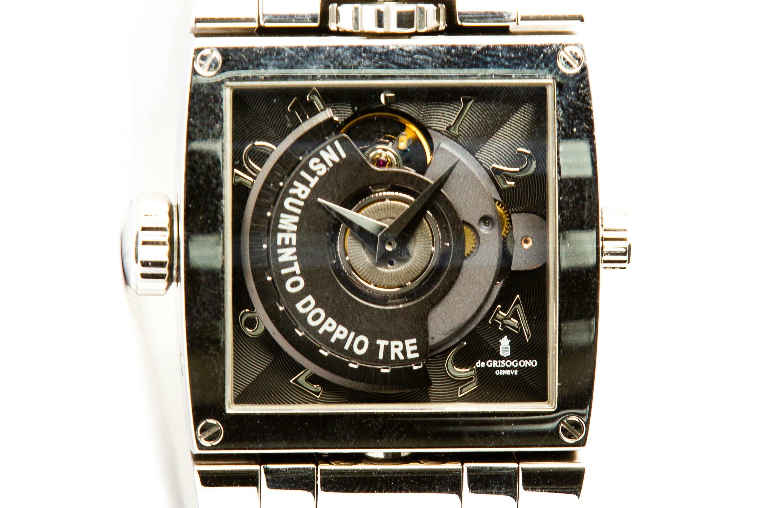 DE GRISOGONO, INSTRUMENTO DOPPIO TRE A STAINLESS STEEL AUTOMATIC  REVERSIBLE SQUARE WRISTWATCH WITH DATE AND THREE TIME ZONES CIRCA 2005, Watches Online, Watches