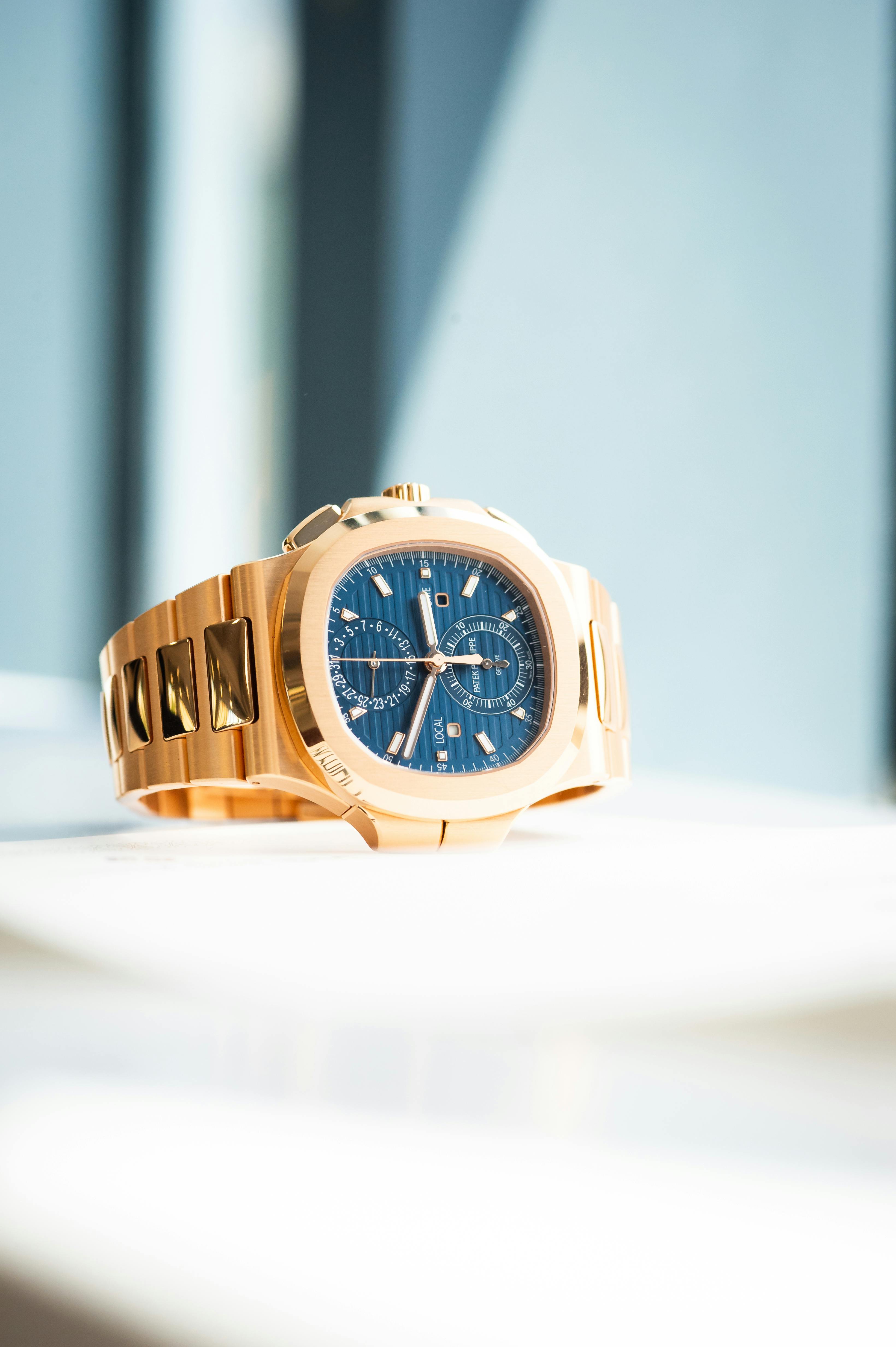 Rose Gold Blue Dial Nautilus Travel Time Patek Philippe 5990 For