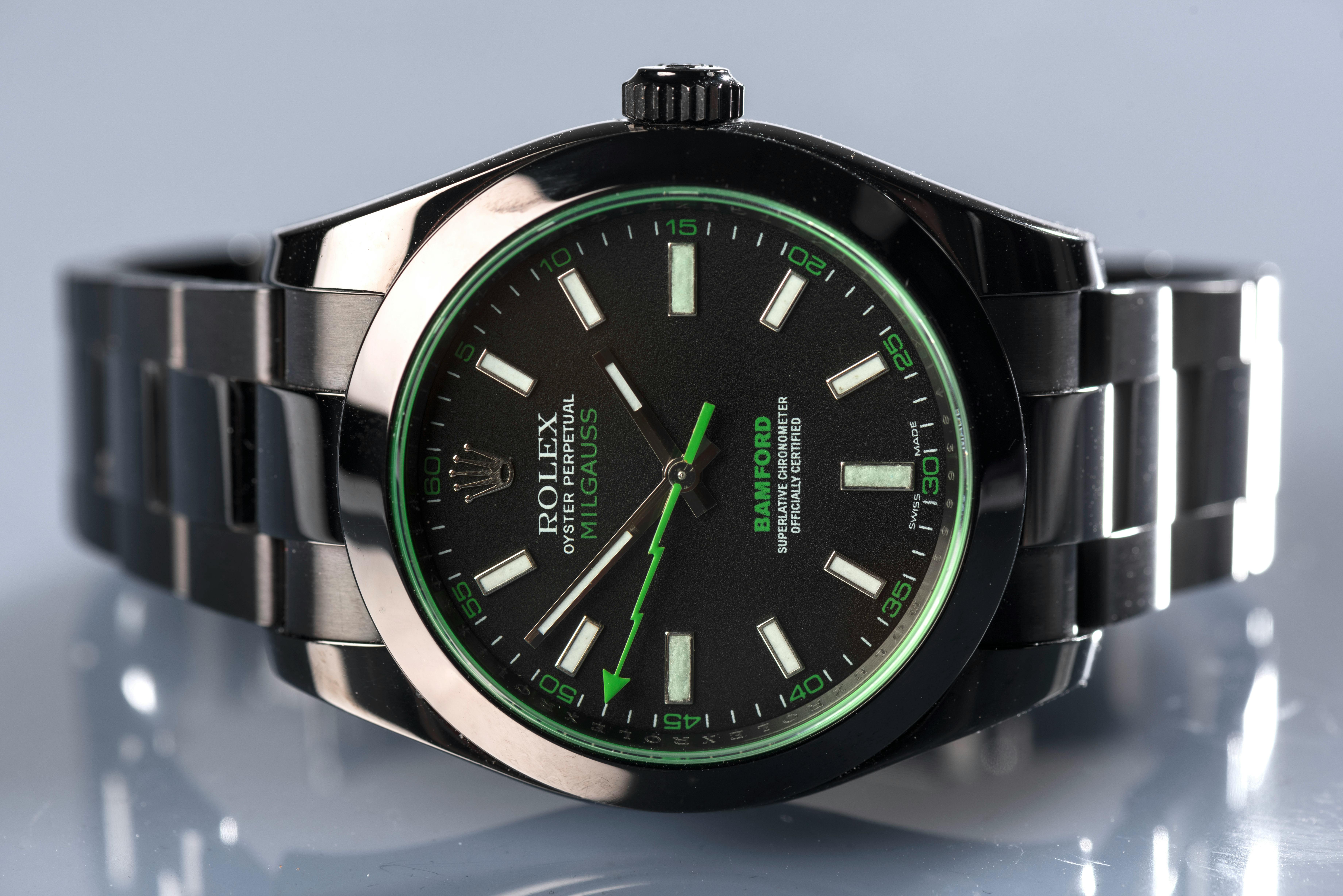 Rolex Stainless Steel Milgauss Bamford Blacked Out Green Automatic  Wristwatch