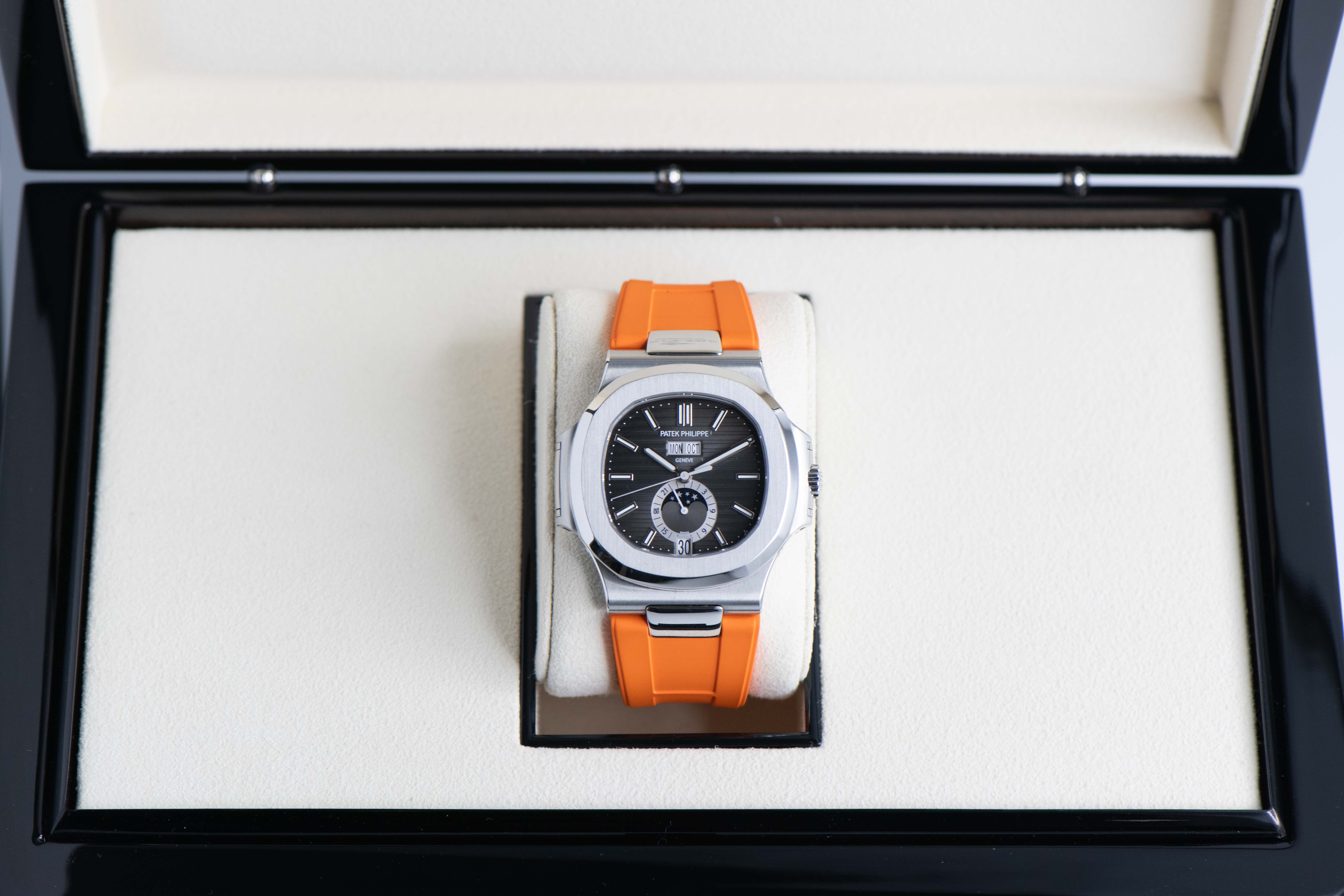 PATEK NAUTILUS MOONPHASE ANNUAL CALENDAR BLUE DIAL LEATHER