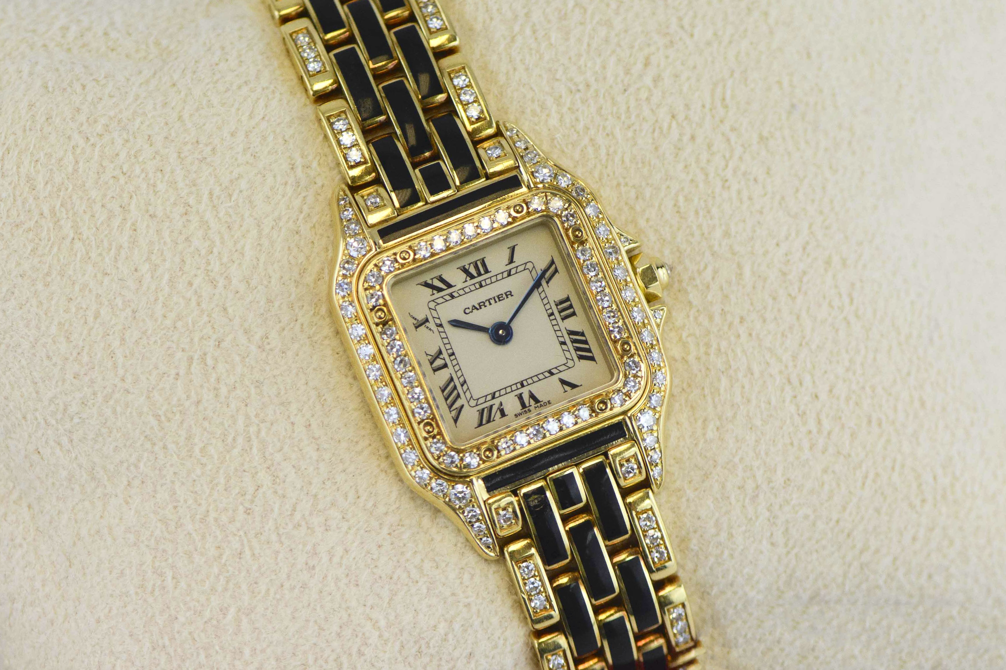 VINTAGE Gold-tone Linked Watch•By Figaro Couture•CZ Paved Pearly-Square Face Ladies FIGARO Square Shaped Gold Coloured Stone Encrusted SS  main image 3